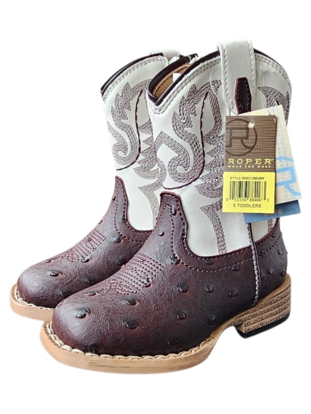Roper BUMPS Western Cowboy Boots Brown Faux Ostrich White Toddler Size 5 NEW